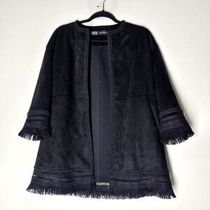 Zara Black Fringe Trim‎ Open Front Jacket XS 3/4 Sleeve Boho Luxe Coat